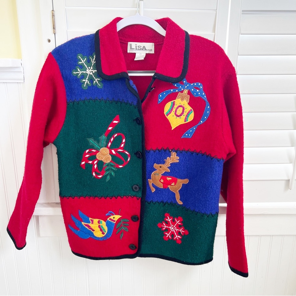 Lisa International Vintage Colorblock Boiled Wool Ugly Christmas Sweater Medium